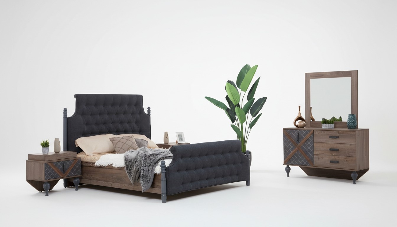 Bett Nachttisch Kommode mit Spiegel Schlafzimmer Set Chesterfield 4 tlg.