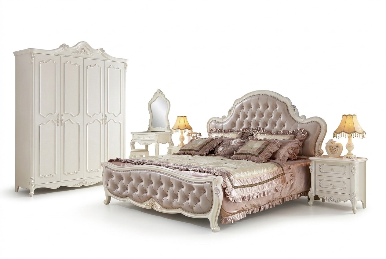 Bett Nachttisch Schminktisch Schlafzimmer Hocker Set 6 tlg. Massivholz