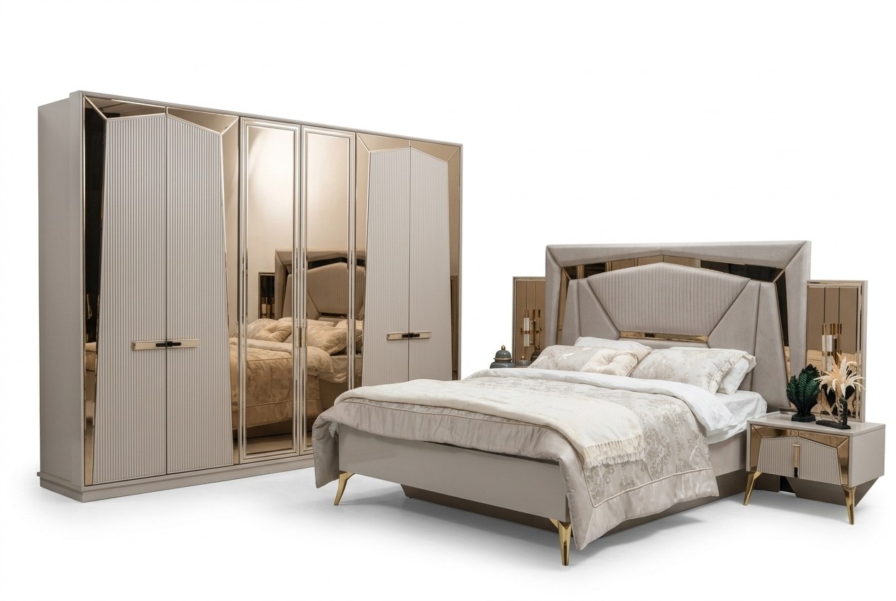 Bett Nachttische Kleiderschrank Spiegeltür Beige Gold Schlafzimmer Set 4tlg.