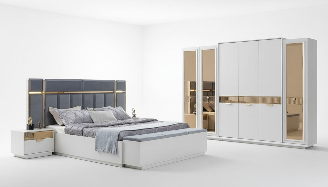 Bett Nachttische Kleiderschrank Verspiegelt Bank Weiß Gold Blau Edelstahl 5tlg