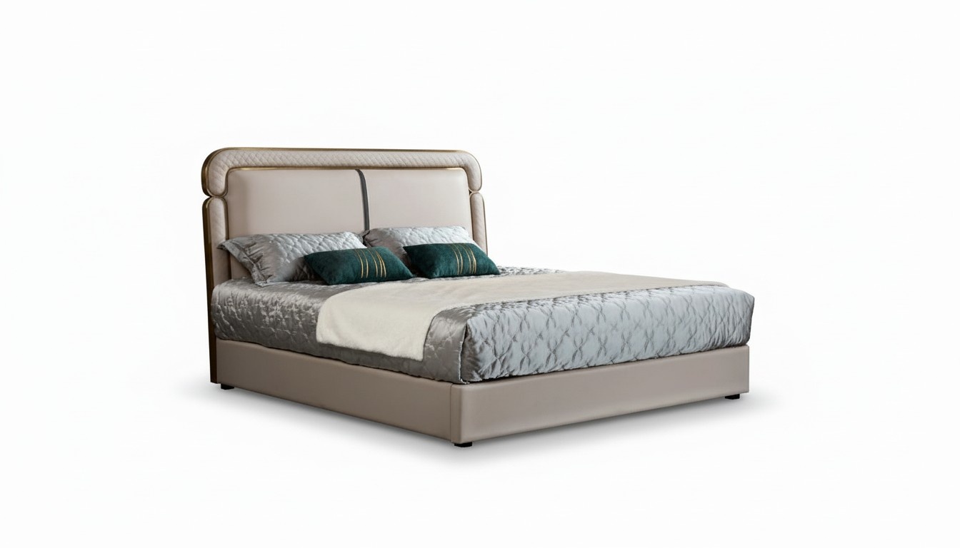 Bett Schlafzimmer Beige Doppelbett Lederbett Modern Design Möbel Holz