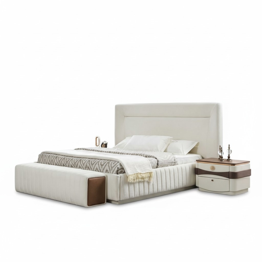 Bett Sitzbank 2x Nachttische Weiß Schlafzimmer Komplett Modern Design