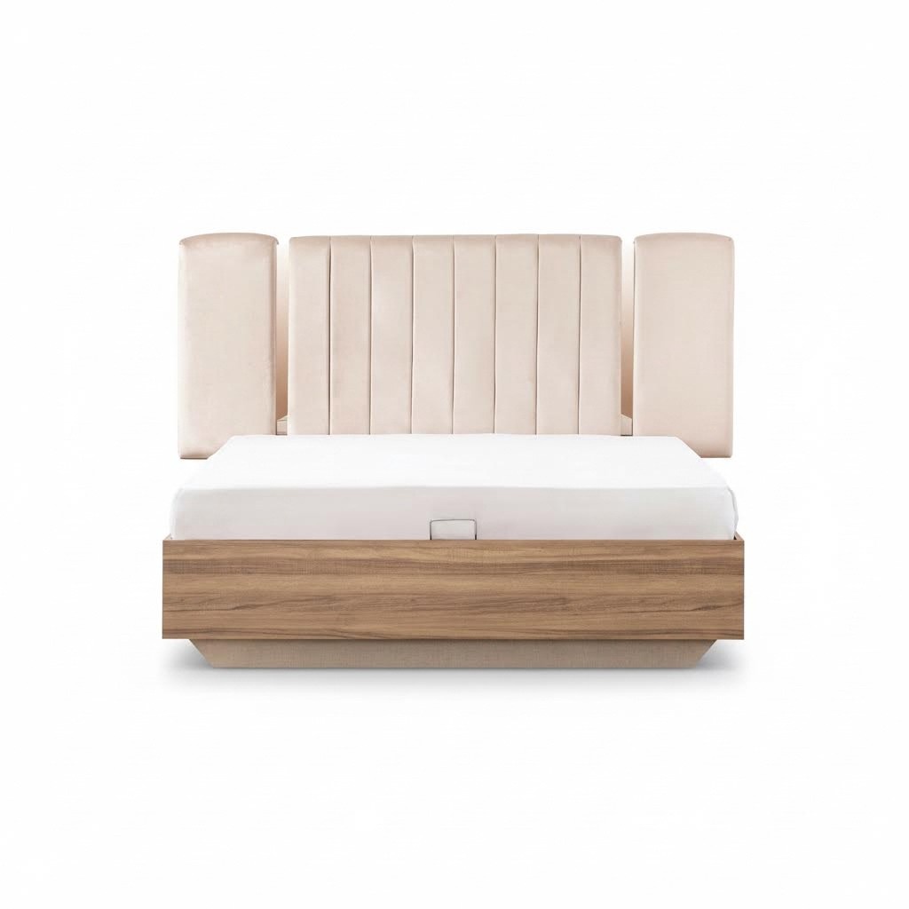 Bettrahmen Bett Doppelbett mit Bettkasten Beige Stoff Luxus Modern