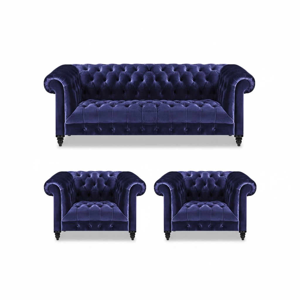 Blau Set 3tlg Chesterfield Komplett Sofa Dreisitze 2x Sessel Wohnzimmer Neu