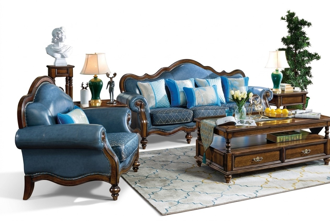 Blaue Barock Rokoko Chesterfield Sofagarnitur Sofa 3+1 Sitz Garnitur