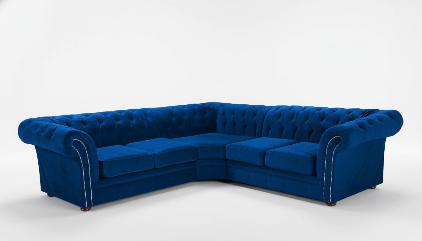 Blaue Chesterfield Wohnzimmer Couch Textil Stoff Sofa Couchen Polster Ecksofa