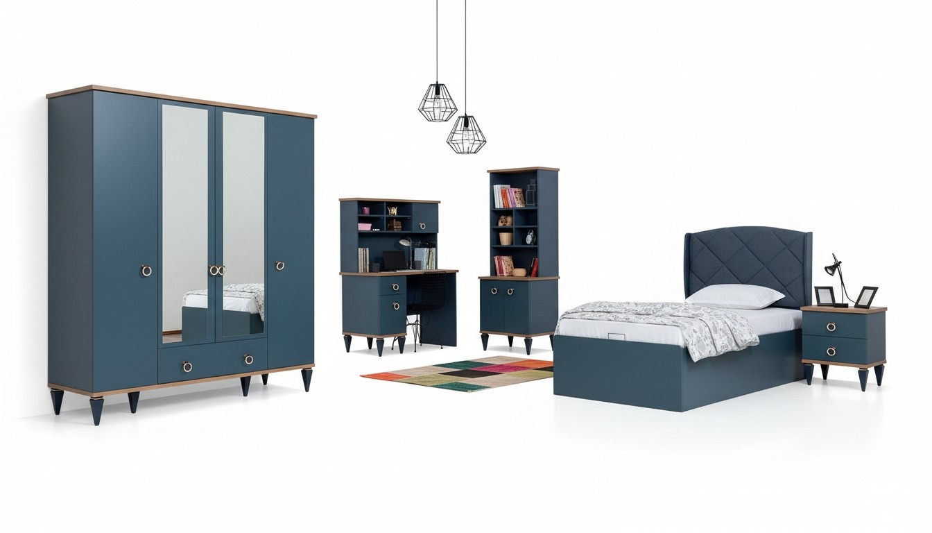 Blauer Schlafzimmer Kleiderschrank Set Jugendzimmer Teeneger Schrank