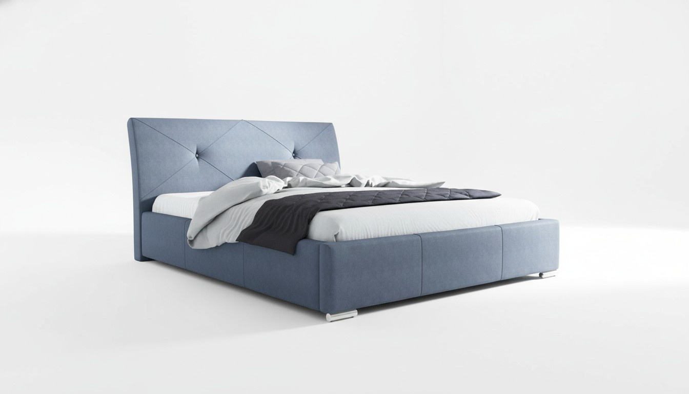 Blaues Polster Bett Doppel Hotel Betten Schlafzimmer Bettrahmen Stoff Blau Holz