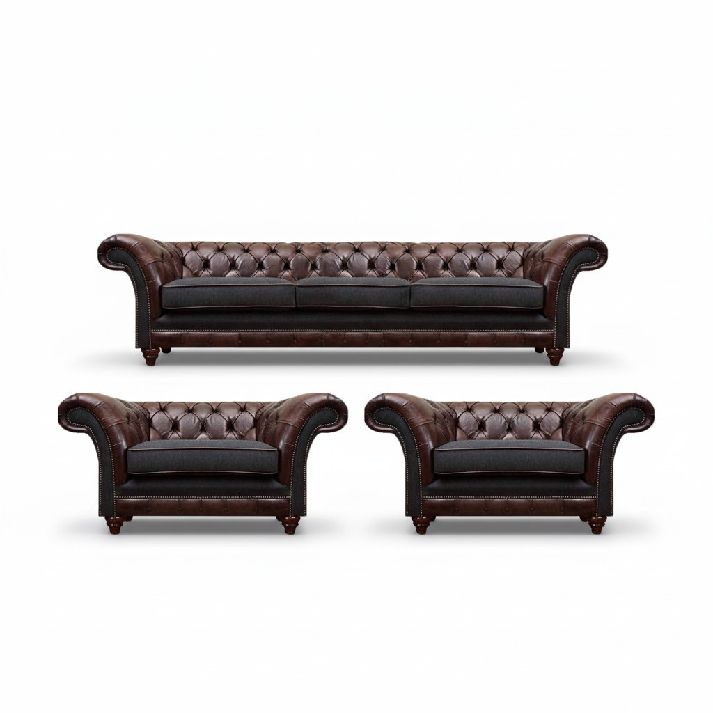 Braun-Graue Chesterfield Sitzgarnitur 2x Ledersessel Dreisitzer 3tlg Set