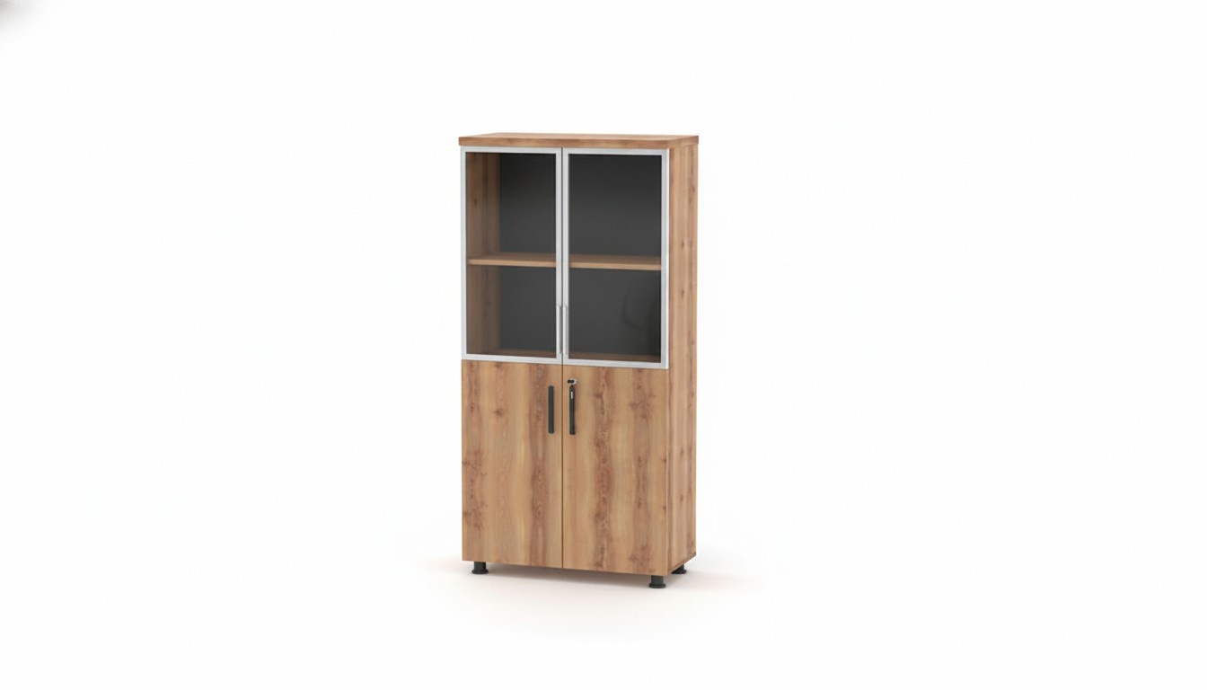 Braun Naturlich Aktenschrank Vitrine Glastüren Rechteckig Modern Holz