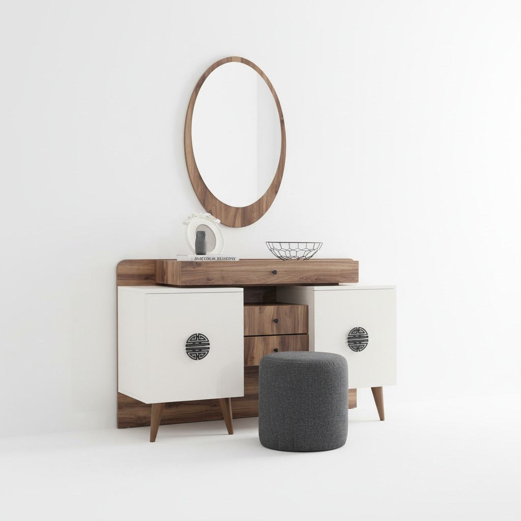 Braun-Weißer Schminktisch Mit Spiegel Luxuriöse Schlafzimmer Holz Möbel