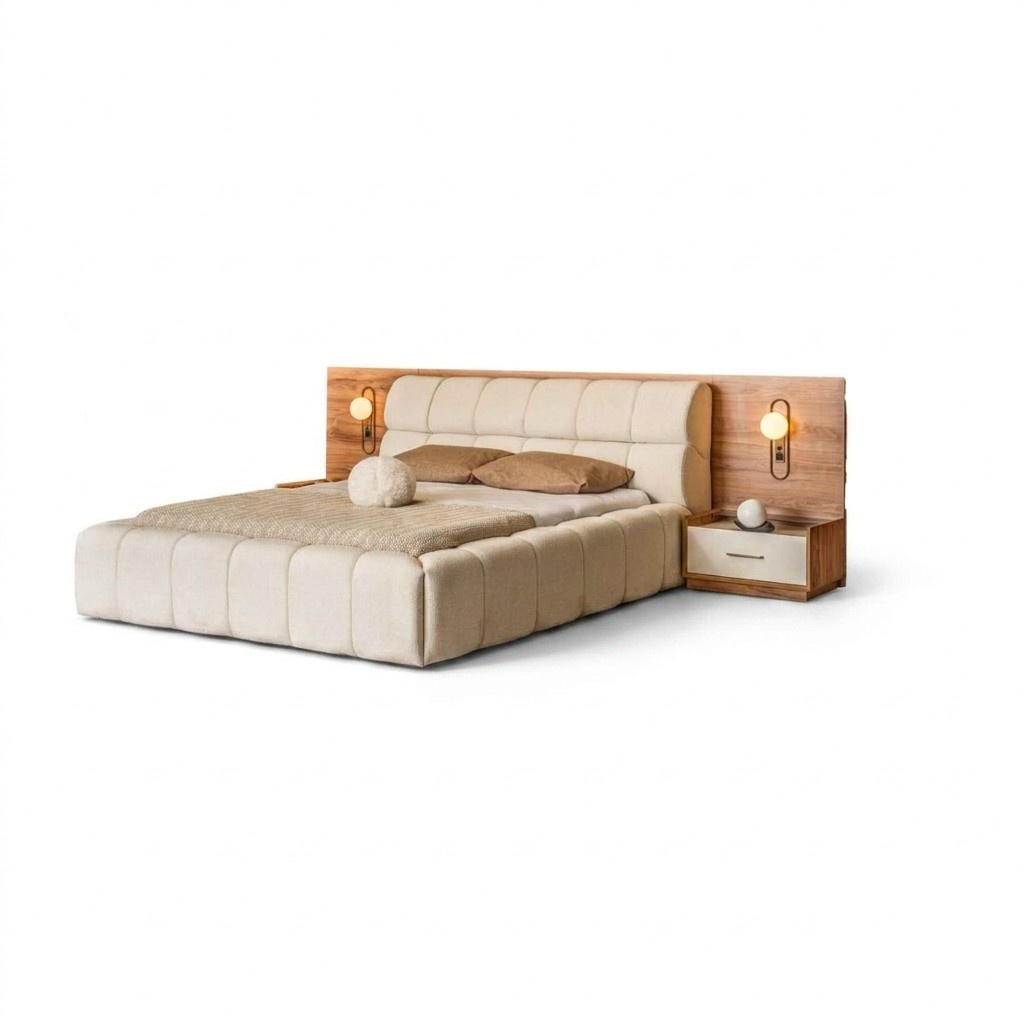 Braun-Weißes Schlafzimmer Set Doppelbett Nachttische Luxus Holz Möbel