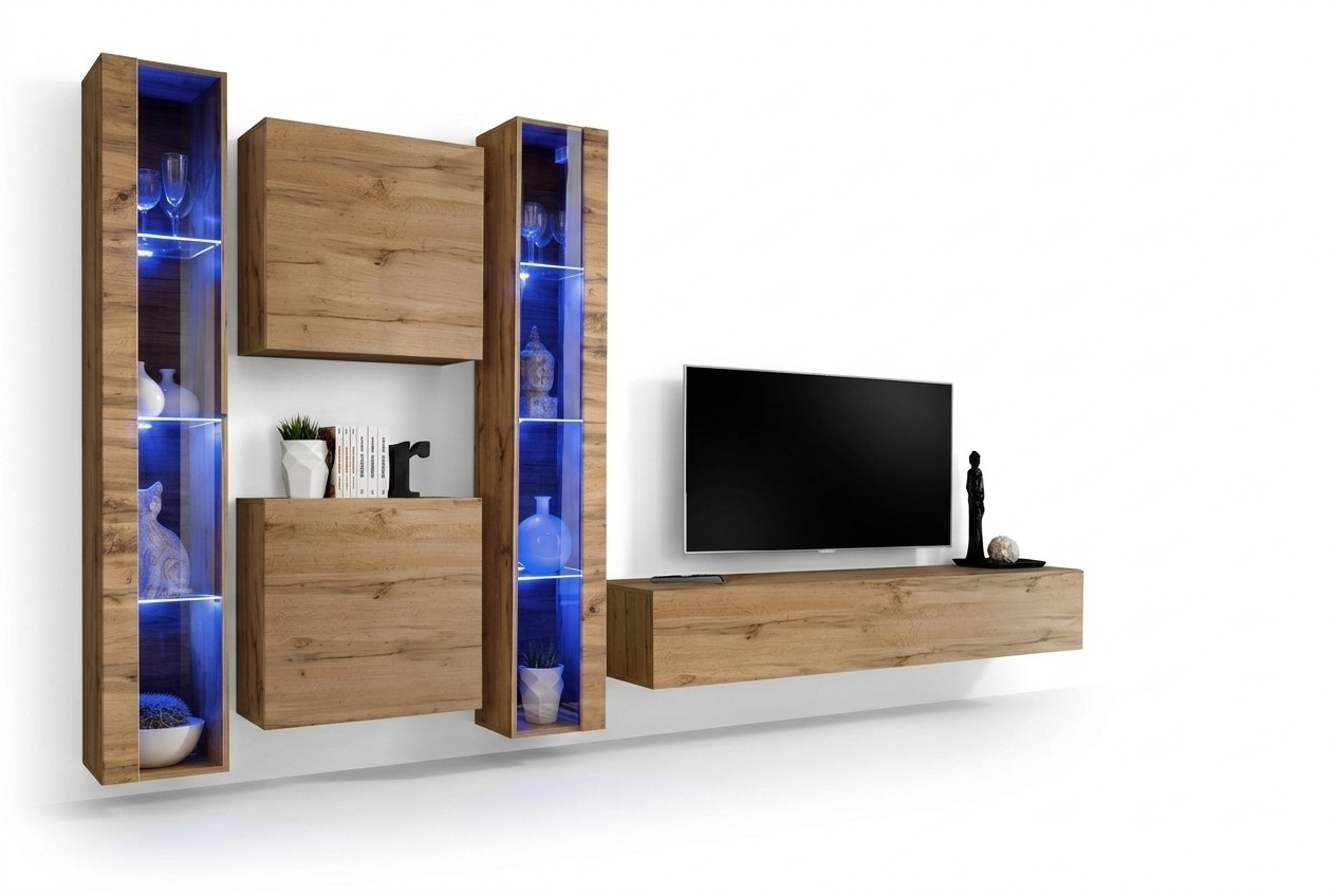 Braun Wohnwand Modern Hänge Vitrine Hänge Schrank Luxus Einrichtung Wand Set