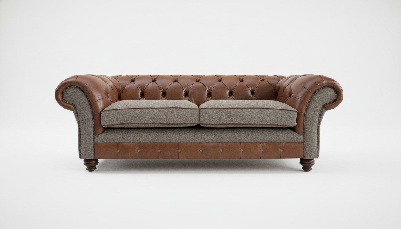 Braune 3 Sitzer Chestrerfield Leder Sofa Couch Polster Garnitur Textil