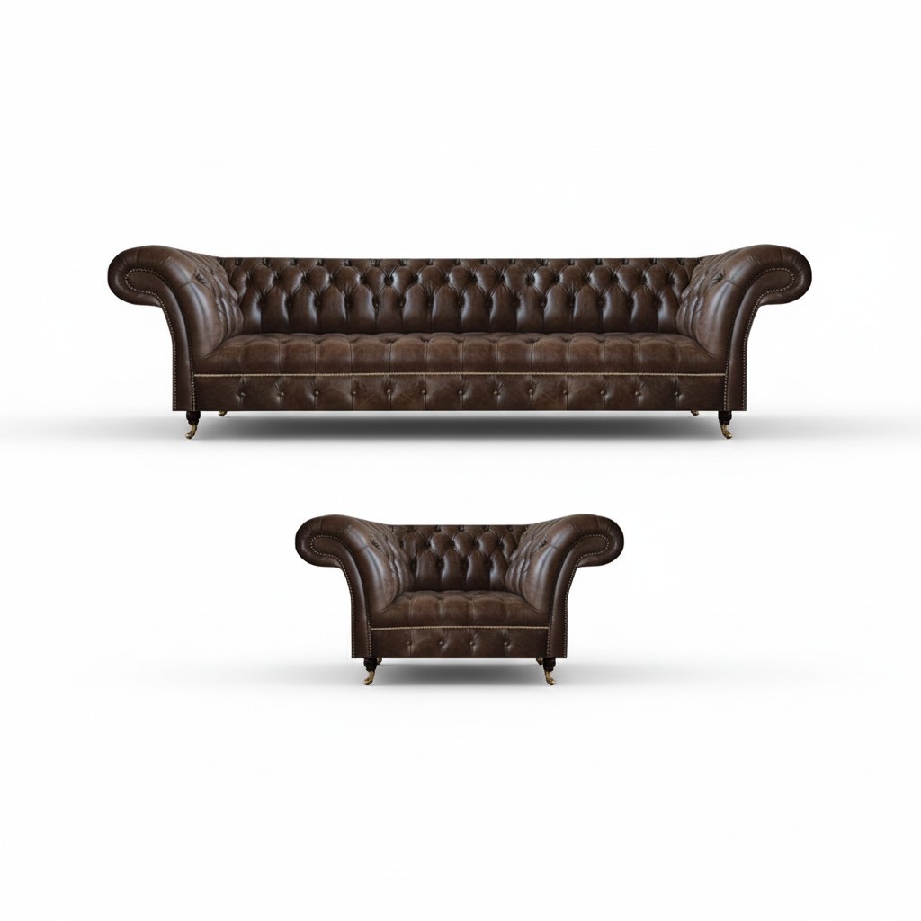 Braune Chesterfield Kunstleder Garnitur Wohnzimmer Dreisitzer 2-Sitzer
