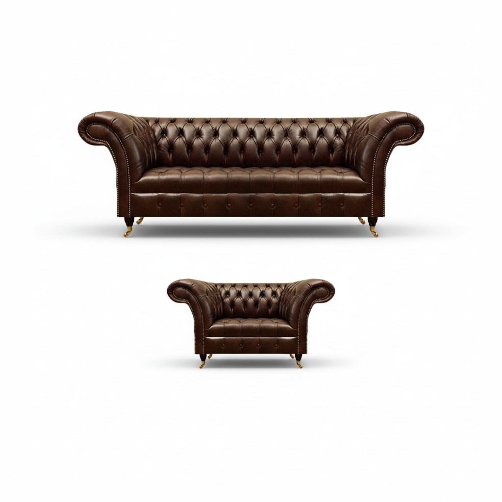 Braune Chesterfield Kunstleder Garnitur Leder Dreisitzer Designer Sessel