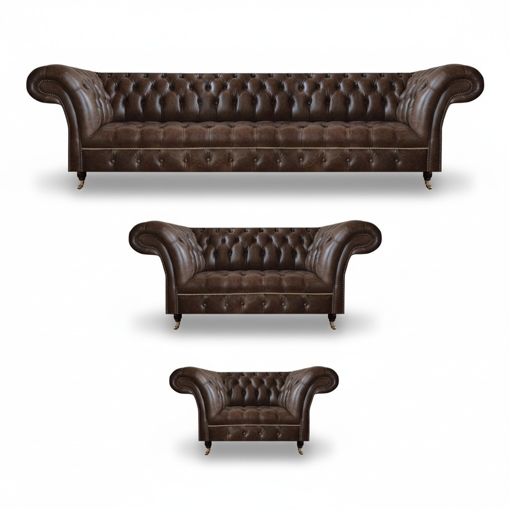 Braune Chesterfield Ledergarnitur Wohnzimmer 4-Sitzer Zweisitzer Sessel