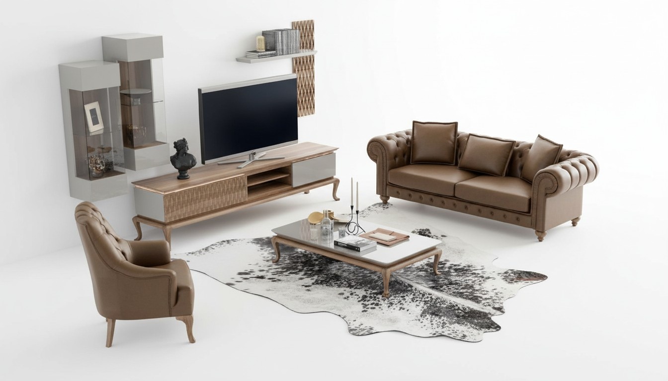 Braune Chesterfield Luxus Sofagarnitur Moderner Dreisitzer Sessel Textil