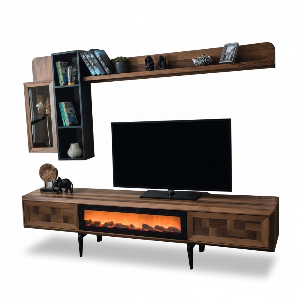 Braunes Wohnzimmer-Wandset, Designer-TV-Ständer, RTV-Holzregale, LED