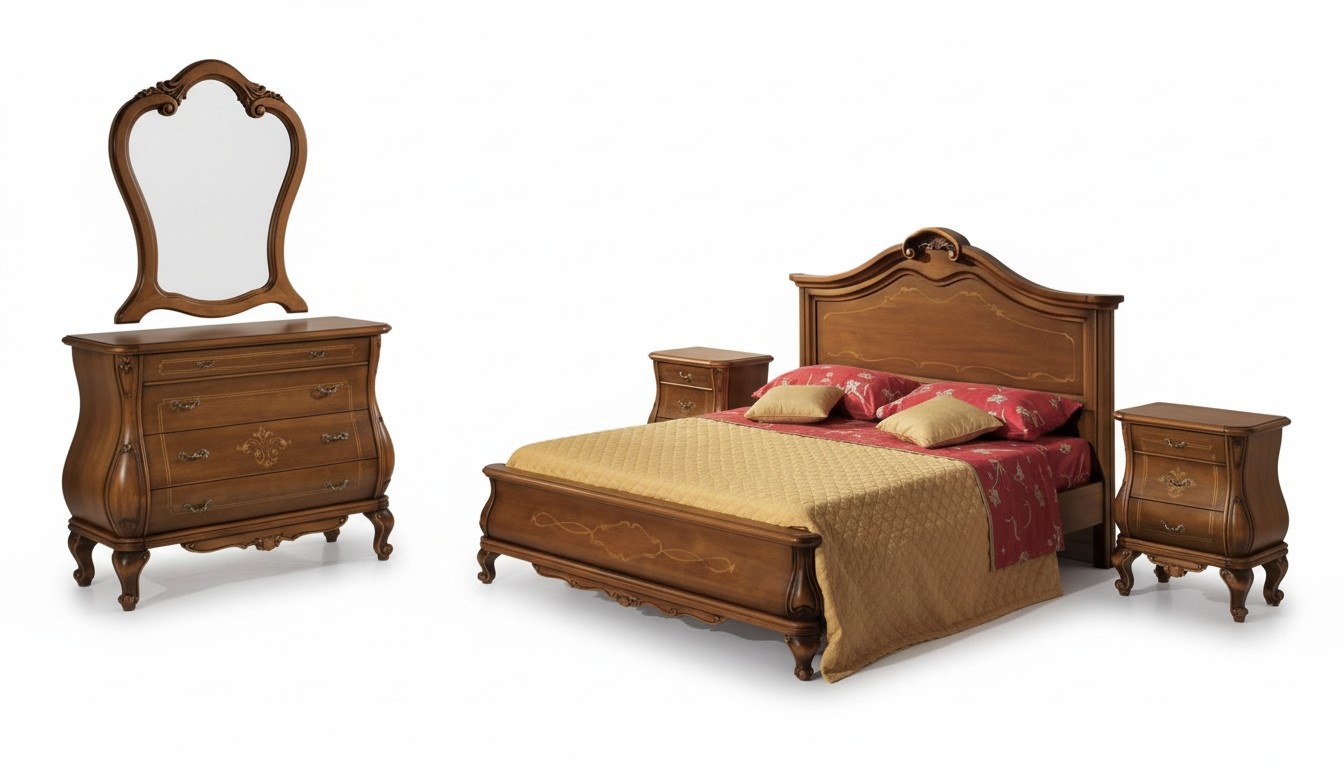 Braunes Schlafzimmer Set Bett 2x Nachttische Kommode Spiegel Klassisch