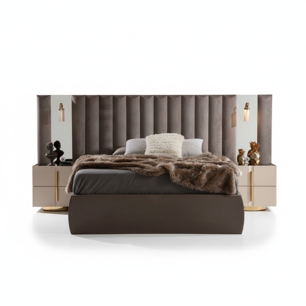 Braunes Schlafzimmer Set Designer Doppelbett Weiße 2x Nachttische 3tlg