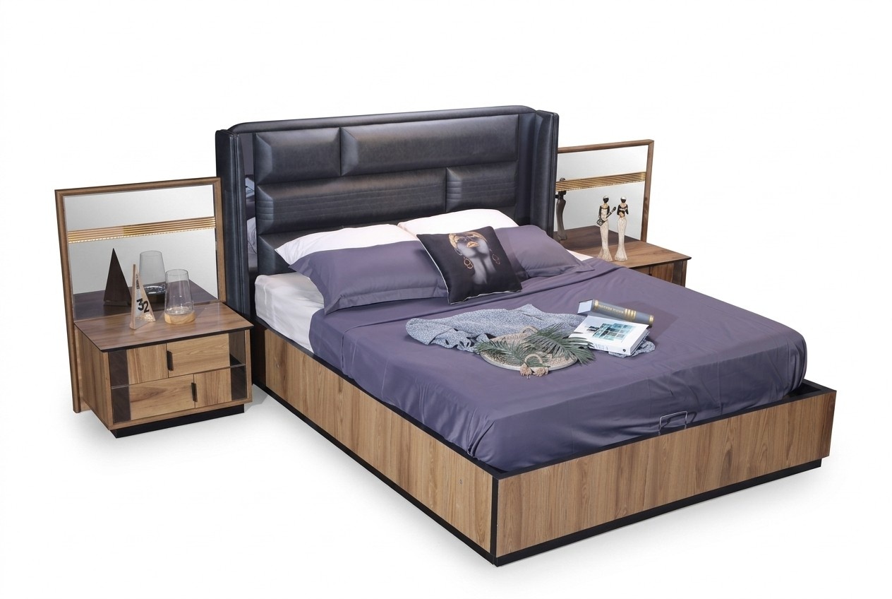 Braunes Schlafzimmer Set Designer Set Doppelbett 2x Nachttische Holz