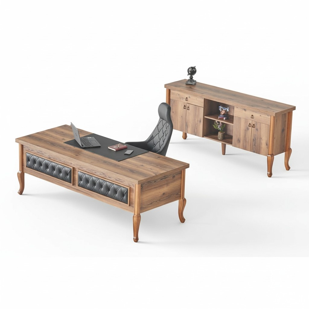 Büroeinrichtung Bürotisch Chefsessel Sideboard Stauraum Klassisch Braun