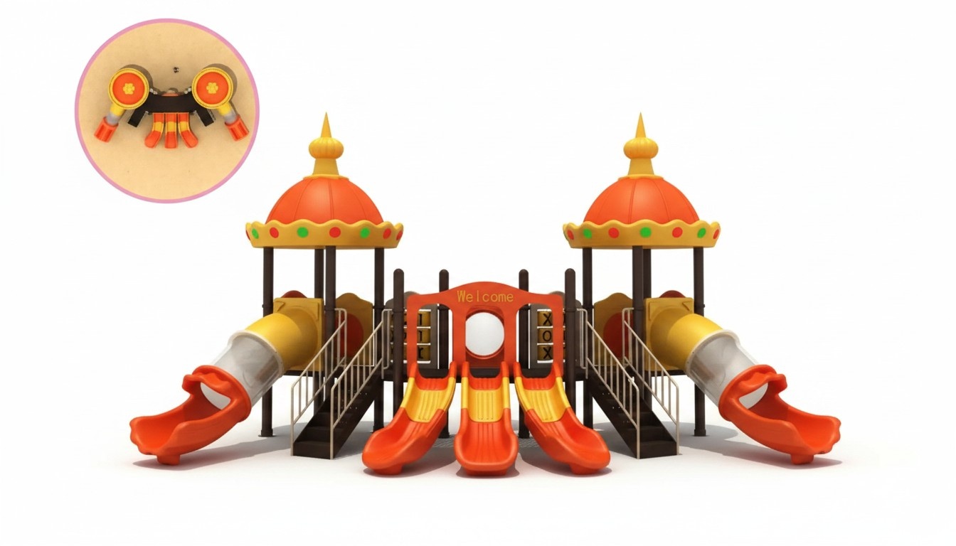 Bunter Kinderspielplatz im Innenhof im Raumschiff-Stil mit Rutschen
