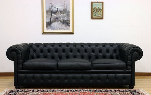 Design Chesterfield Sofagarnitur 3-Sitzer Leder Couch Schwarz Polster