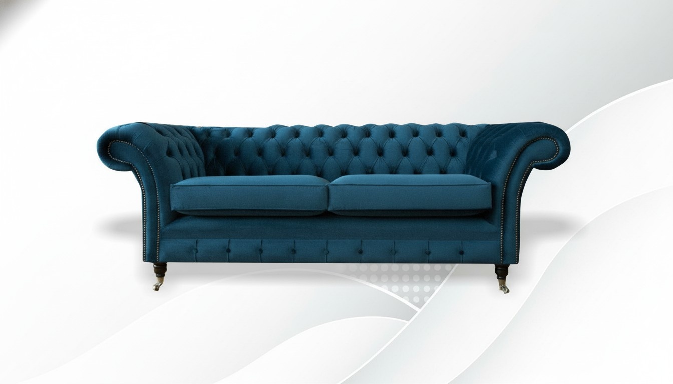 Chesterfield 3 Sitzer Blau Samt Möbel Modern Design Textil Wohnzimmer