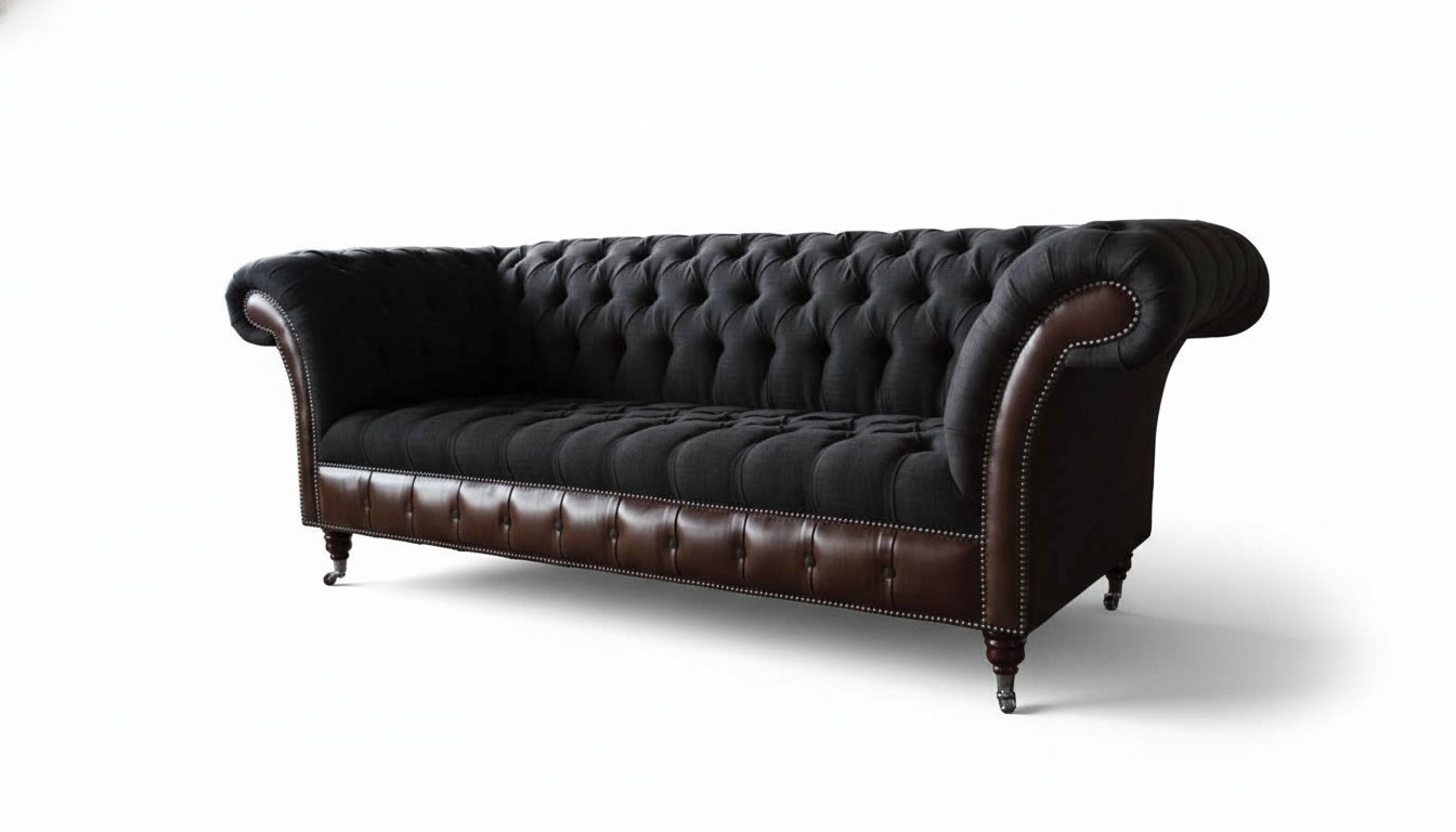 Chesterfield 3 Sitzer Sofa Couch Leder Polster Sitz Stoff Schwarz Neu