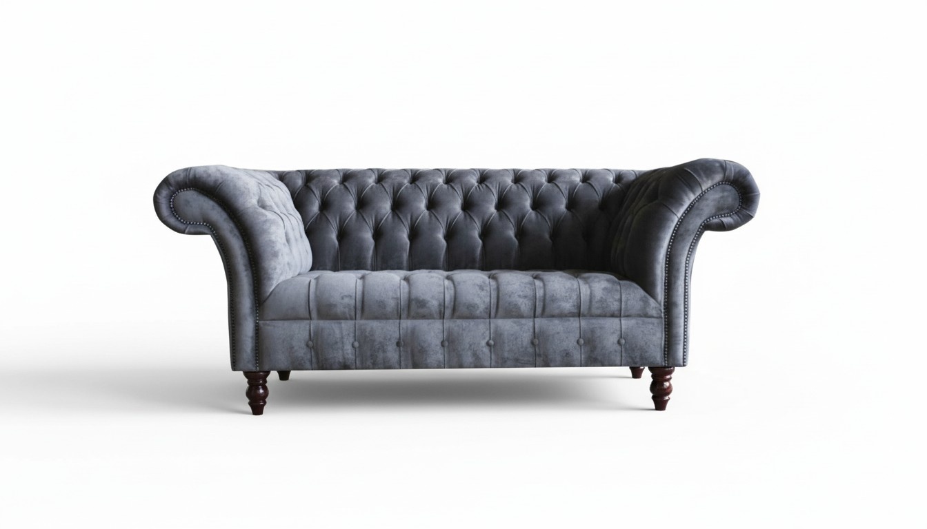 Chesterfield 2 Sitzer Wohnzimmer Couch Sofa Polster Sitz Textil Garnitur Grau