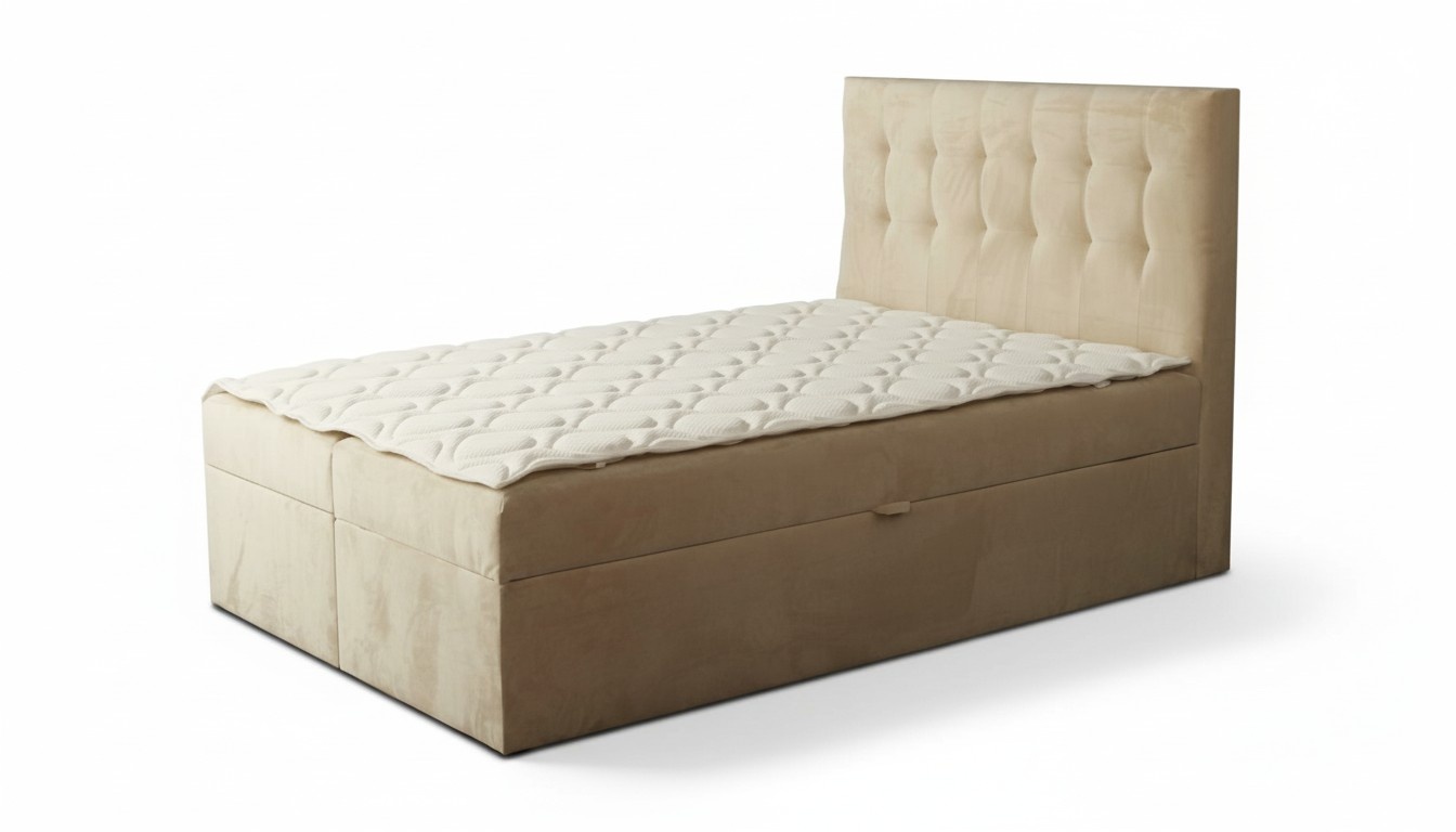 Chesterfield Bett beige Schlafzimmer Holzmöbel Design elegant Polsterung Stoff