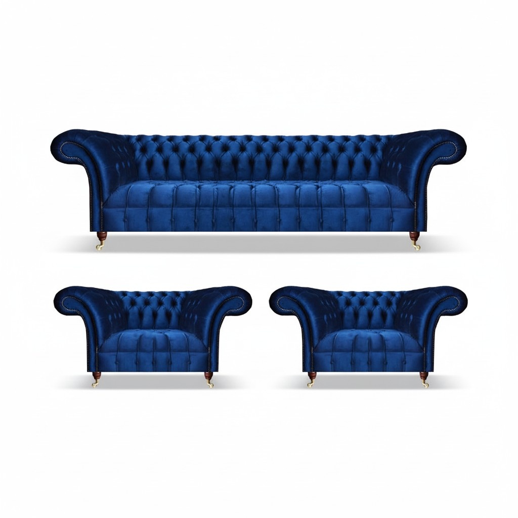 Chesterfield Blau Sofa Set 3tlg Textil Sofa Dreisitze 2x Sessel Wohnzimmer