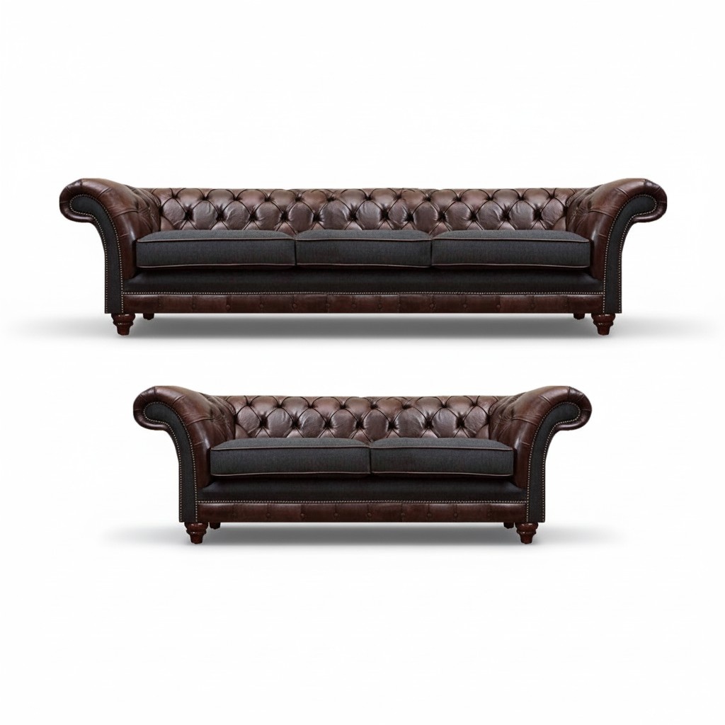 Chesterfield Braun-Graue Wohnzimmer Couchgarnitur Moderne Sofas 2tlg