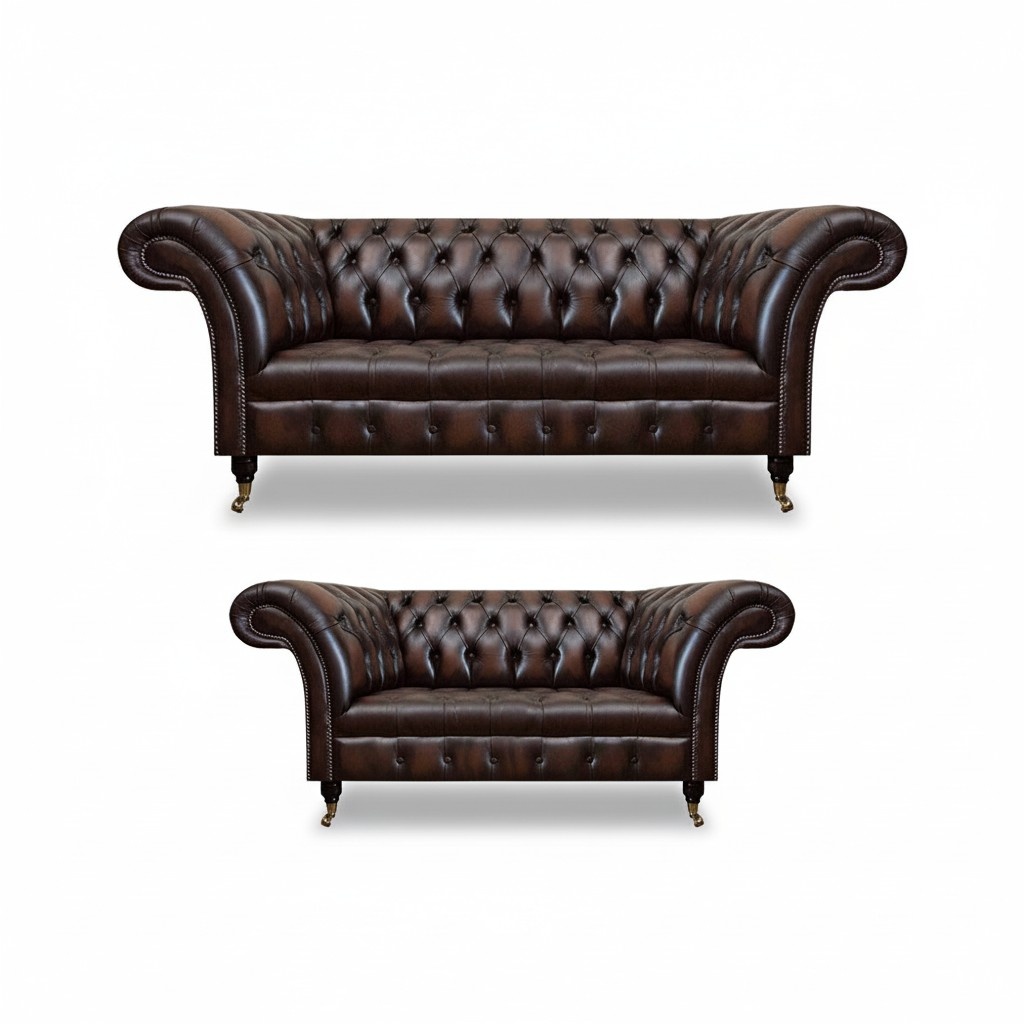 Chesterfield Braun Sofa Set Dreisitzer Sofa Couch Zweisitzer Wohnzimmer Neu
