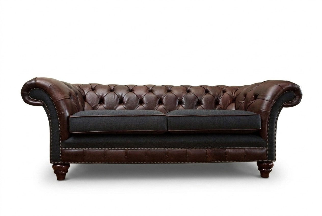 Chesterfield Braune Leder Textil Couch Klassische Sofa Sitz Polster Stoffsofas