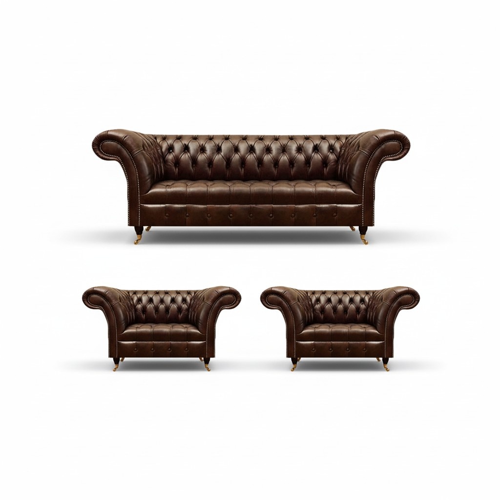 Chesterfield Braune Ledergarnitur Wohnzimmer 2x Sessel Edler 3-Sitzer