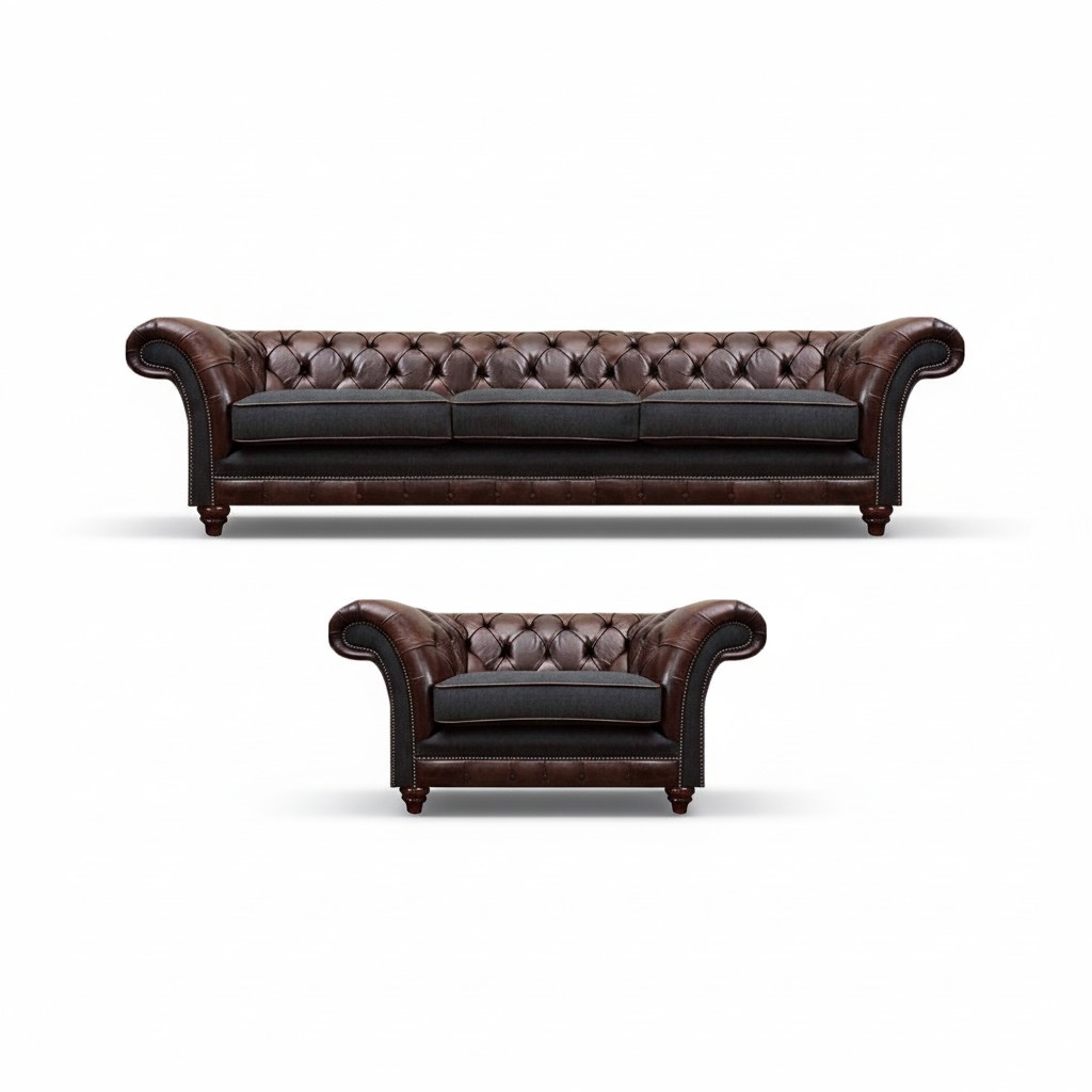 Chesterfield Braune Ledersofa Garnitur Dreisitzer Edler Polster Sessel