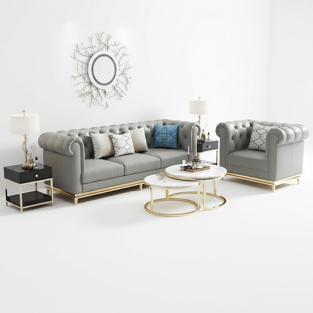 Chesterfield Couch Polster Sitz Garnitur Sofa 3+1 Leder Wohnzimmer Leder