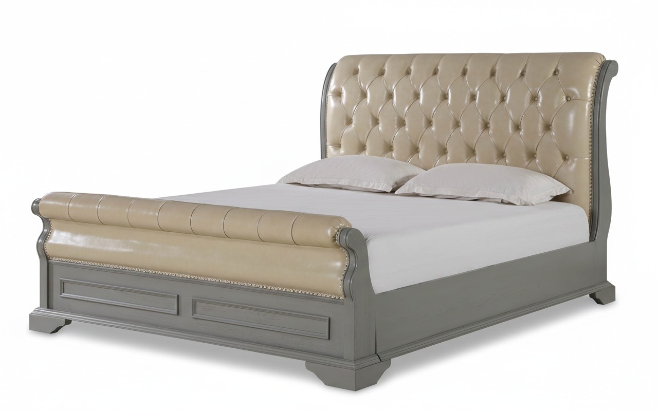 Chesterfield Design Bett Grau 180x200 Doppelbett Betten Polster Lederbett Möbel