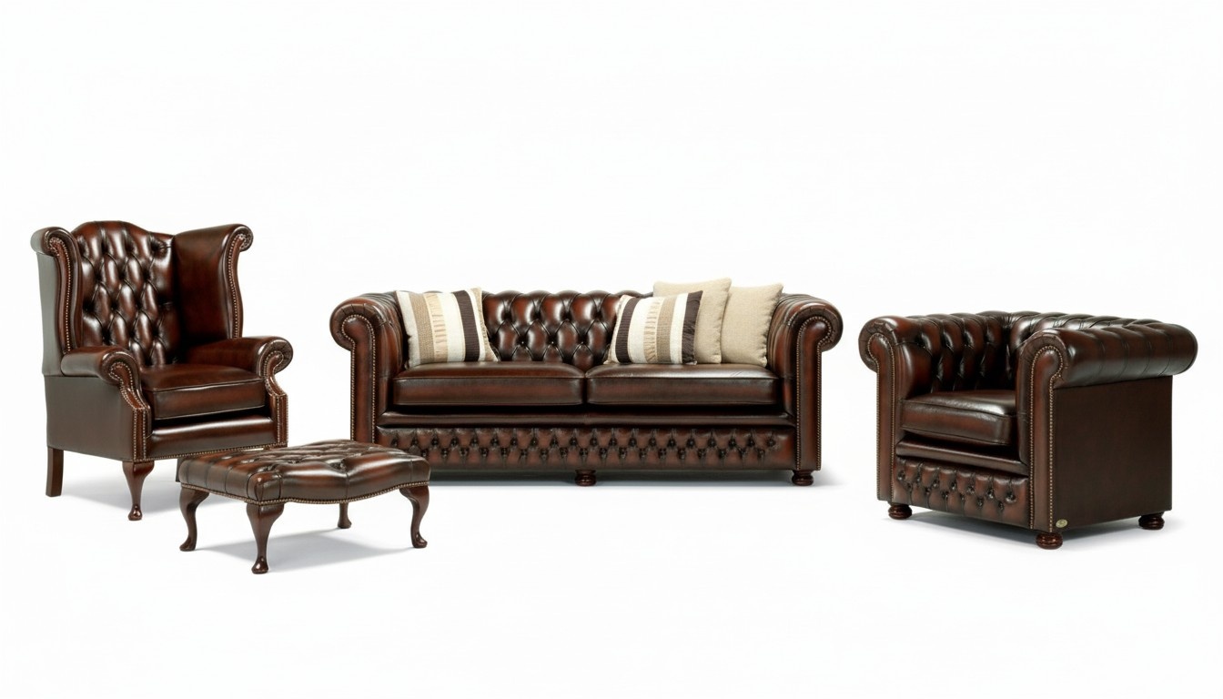 Chesterfield Design Sofagarnitur 3 +1 + Ohrensessel + Hocker 100% Leder Sofort
