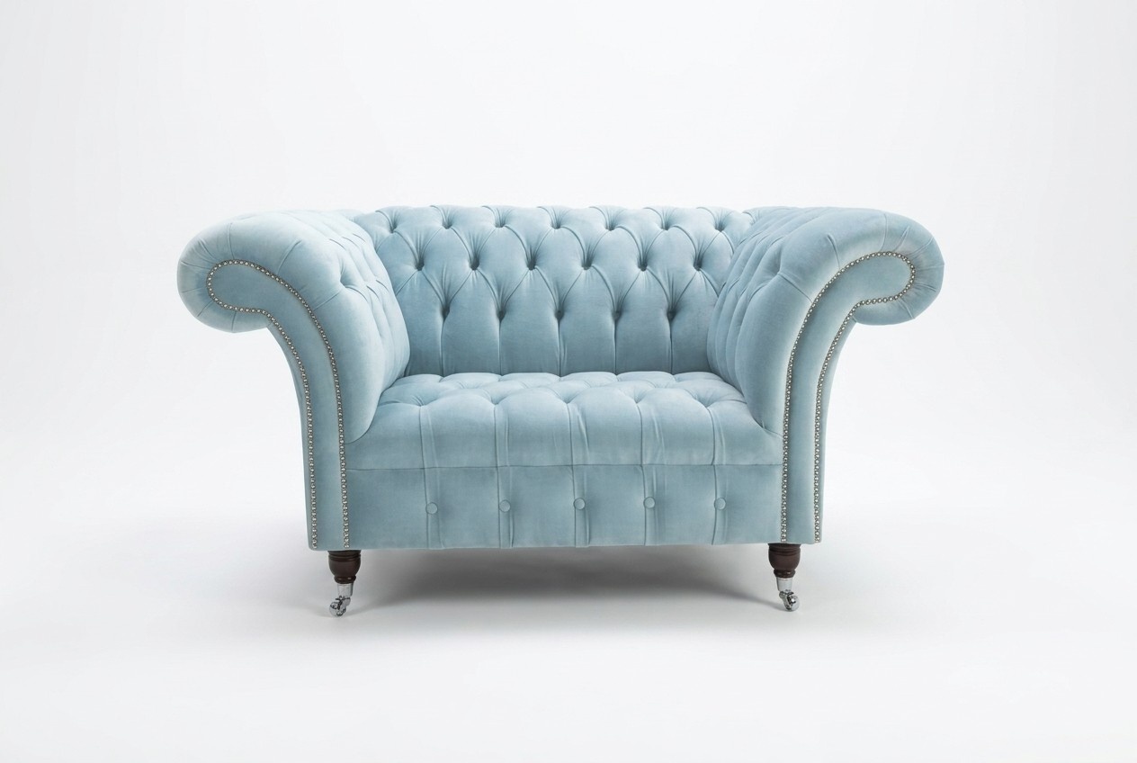 Chesterfield Design Stoff Couch Sessel 1.5 Sitzer Polster Sofas Lounge Blau