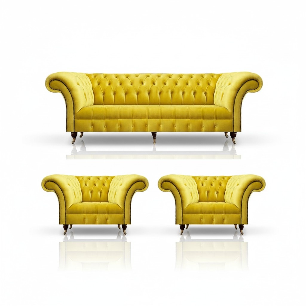 Chesterfield Gelb Sofagarnitur 3tlg Textil Stoff Polstermöbel Sessel Neu Möbel