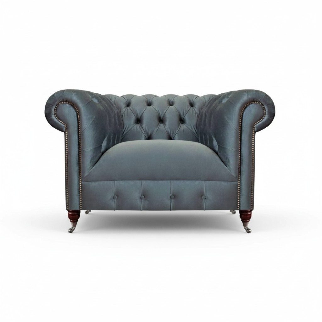 Chesterfield Grauer Stoffsessel Wohnzimmer Textil Einsitzer Edler Sessel