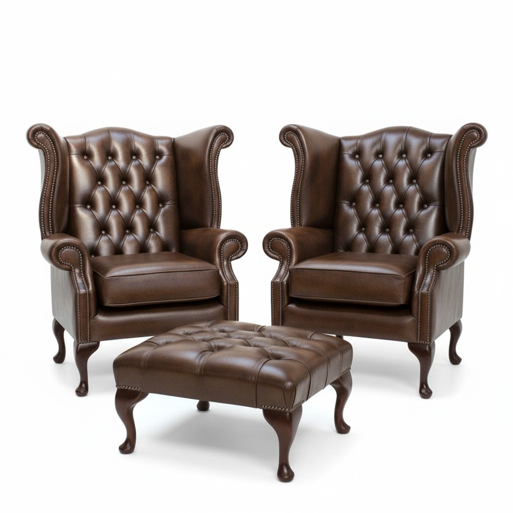 Chesterfield Leder Sessel Set Garnitur Ohrensessel x 2 + Hocker Garnitur Leder