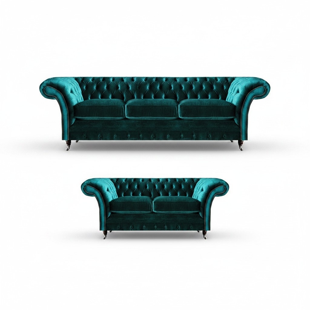 Chesterfield Luxus Design Einrichtung Grün Dreisitzer mit Zweisitzer Sofas