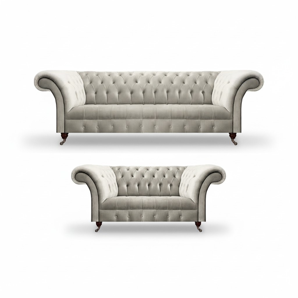 Chesterfield Luxus Design Garnitur 2x Sofas Wohnzimmer Komplett Textil