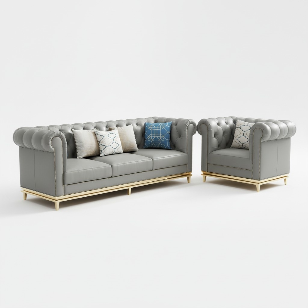 Chesterfield Metall Couch Polster Sitz Garnitur Sofa Leder Design Garnituren 3+1