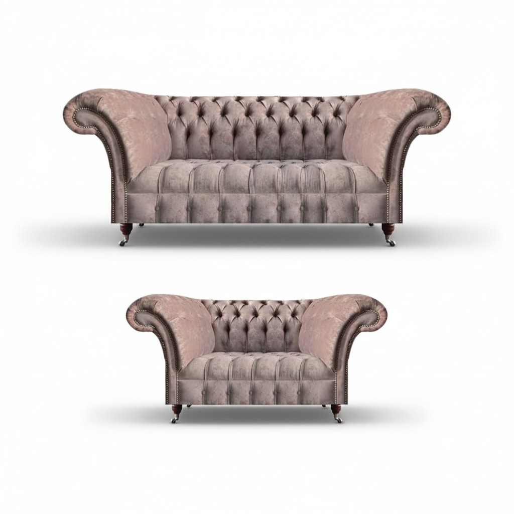 Chesterfield Möbel Grau Textil Sofas Set 2tlg Luxuriöse Wohnzimmer Einrichtung